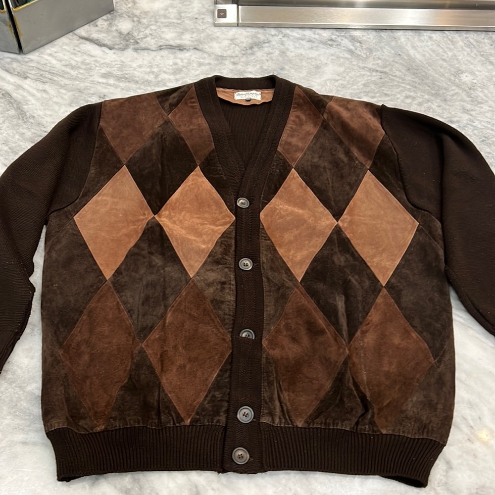 Norm Thompson Suede Front Brown Check, Button up V-neck sweater.